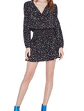*Anine Bing Martha Silk Stars Long Sleeve Split Tie-Neck Smocked Waist Mini Dress, Size XS