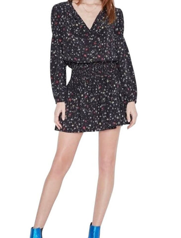 *Anine Bing Martha Silk Stars Long Sleeve Split Tie-Neck Smocked Waist Mini Dress, Size XS