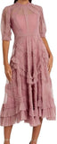 *Mac Duggal Georgette Elbow Sleeve High Crew Neck Ruffle Trim A-Line Midi Skirt, Size M