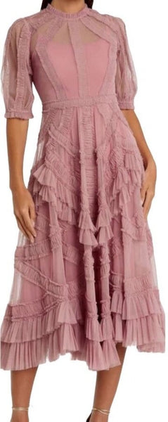 *Mac Duggal Georgette Elbow Sleeve High Crew Neck Ruffle Trim A-Line Midi Skirt, Size M