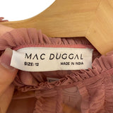 *Mac Duggal Georgette Elbow Sleeve High Crew Neck Ruffle Trim A-Line Midi Skirt, Size M