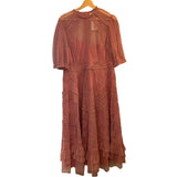 *Mac Duggal Georgette Elbow Sleeve High Crew Neck Ruffle Trim A-Line Midi Skirt, Size M