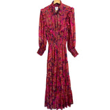 *Misa LA Marjan Chiffon Floral 3/4 Sleeve V-Neck Shirt Collar Tiered Midi Dress, Size M
