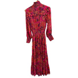 *Misa LA Marjan Chiffon Floral 3/4 Sleeve V-Neck Shirt Collar Tiered Midi Dress, Size M