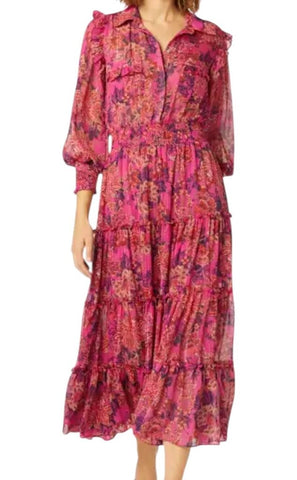 *Misa LA Marjan Chiffon Floral 3/4 Sleeve V-Neck Shirt Collar Tiered Midi Dress, Size M