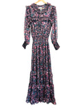 *Misa LA Virginie Chiffon Floral Long Split V-Neck Smocked Waist Ruffle Trim Midi Dress, Size M