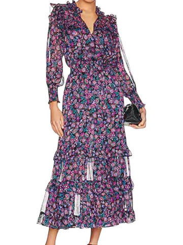 *Misa LA Virginie Chiffon Floral Long Split V-Neck Smocked Waist Ruffle Trim Midi Dress, Size M