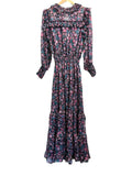 *Misa LA Virginie Chiffon Floral Long Split V-Neck Smocked Waist Ruffle Trim Midi Dress, Size M