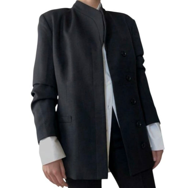 *Anine Bing Heidi Wool Asymmetrical Hidden Placket Stand Collar 80's Military Blazer Jacket, Size M