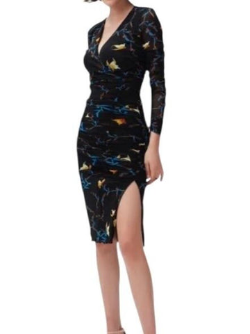 *DVF Rochelle Mesh Butterfly Tie Long Sleeve V-Neck Ruched Body Midi Dress, Size S