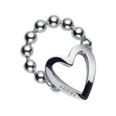 ^Gucci Sterling Silver Open Heart Ball Chain Ring, Size