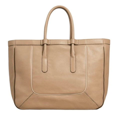^Chloe T Leather Contrast Piping Dual Rolled Handle Open Top Large Tote Bag