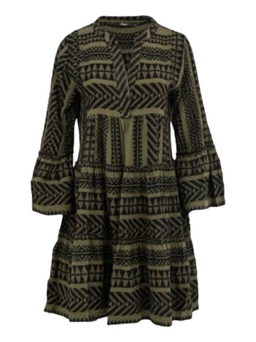 *Devotion Twins Ella Embroidered Geometric 3/4 Flared Sleeve Split Neck Tiered Mini Dress, Size XS