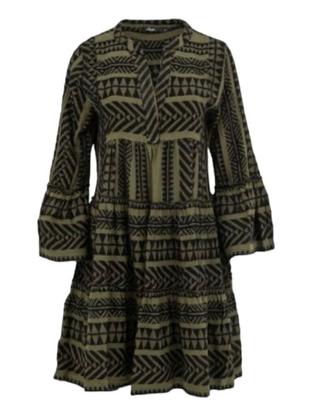 *Devotion Twins Ella Embroidered Geometric 3/4 Flared Sleeve Split Neck Tiered Mini Dress, Size XS