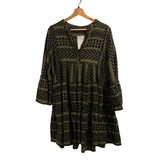 *Devotion Twins Ella Embroidered Geometric 3/4 Flared Sleeve Split Neck Tiered Mini Dress, Size XS