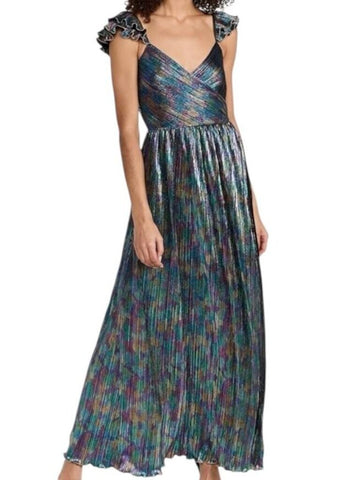 *Saylor Imara Rainbow Lame Flutter Cami Strap Surplice V-neck Maxi Dress, Size M