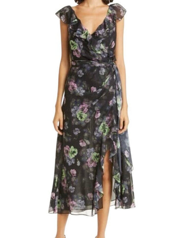 *Cinq a Sept Laure Chiffon Floral Sleeveless Surplice V-Neck Ruffle Trim Tie Waist Midi Dress, Size 8