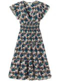 *Trovata Kendall Cotton Floral Flutter Sleeve V-Neck Smocked Bodice Tiered Midi Dress, Size S