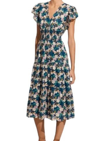 *Trovata Kendall Cotton Floral Flutter Sleeve V-Neck Smocked Bodice Tiered Midi Dress, Size S