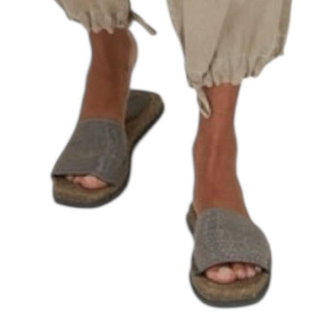 *Brunello Cucinelli Suede & Monili Bead Embellished Slides Flat Espadrilles Sandals, Size 39