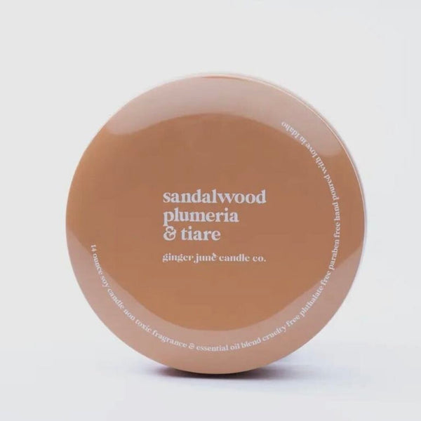 Ginger June Sandalwood & Plumeria Candle in Solid Ochre Tin, 14 oz