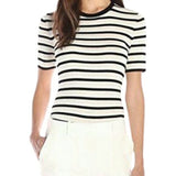 *Theory Leneva Merino Wool Ribbed Stripe Short Sleeve Crew Neck Pullover Sweater, Size S