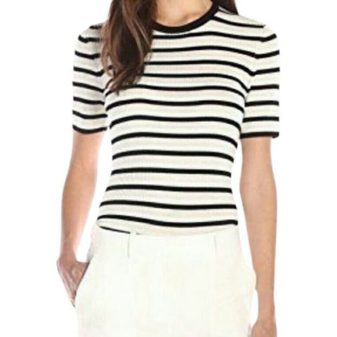 ^Theory Leneva Merino Wool Ribbed Stripe Short Sleeve Crew Neck Pullover Sweater, Size S