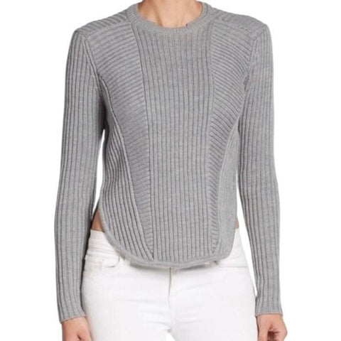 ^A.L.C. Torrey Knit Merino Wool Ribbed Patchwork Crew Neck Curved Hem Pullover Sweater, Size S