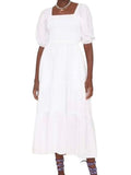 *XIRENA Chiara Cotton Poplin Short Puff Sleeve Square Neck Smocked Bodice Tiered Midi Dress, Size S