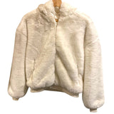 *Blanc Noir Aspen Faux Fur Rib Trim Hoodie Zip-Front Cropped Bomber Jacket, Size M