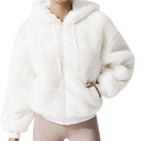 *Blanc Noir Aspen Faux Fur Rib Trim Hoodie Zip-Front Cropped Bomber Jacket, Size M