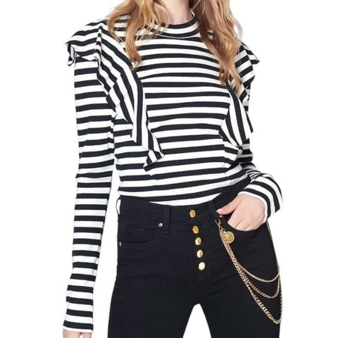 ^Veronica Beard Dawson Cotton Rib Knit Stripe Long Sleeve Crew Neck Ruffle Tee Top, Size XS