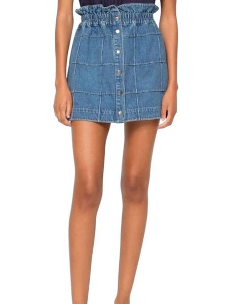*Sea New York Dagmar Denim Grid Paperbag Waist Snap-Front Mini Skirt, Size XS