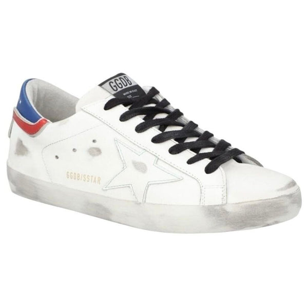 ^Golden Goose Superstar Distressed Leather Star Blue Red Heel Cap Hidden Lift Platform Sneakers w/Box, Size 38