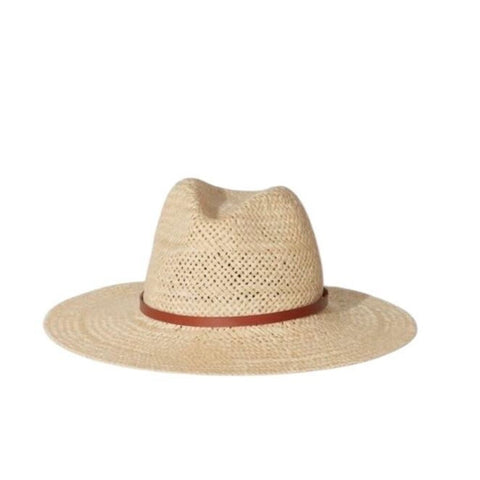 *Janessa Leone Ivana Woven Straw Leather Trim Band Wide Brim Fedora Sun Hat, Size S
