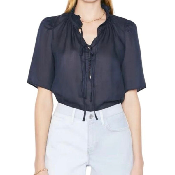 ^FRAME Accordion Pleat Long Billowy Sleeve Keyhole Split Neck Blouse Top, Size M