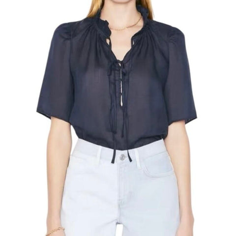^FRAME Accordion Pleat Long Billowy Sleeve Keyhole Split Neck Blouse Top, Size M