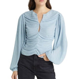 *FRAME Accordion Pleat Long Billowy Sleeve Keyhole Split Neck Blouse Top, Size M