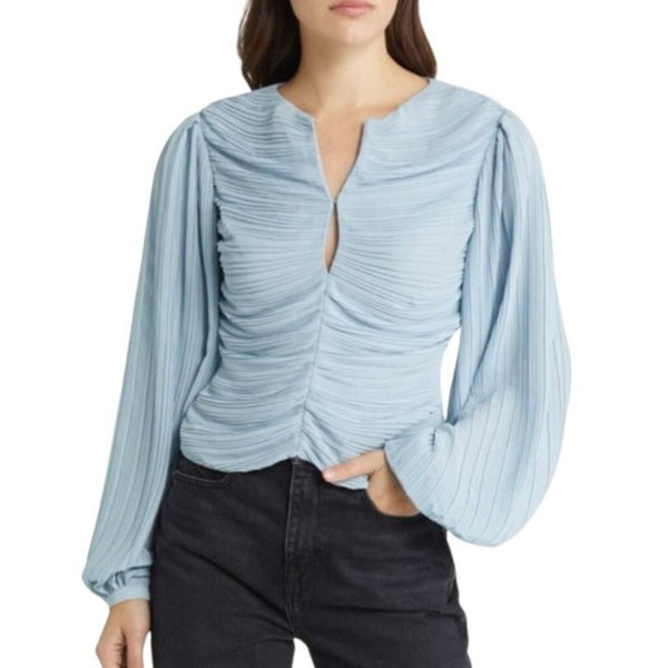 *FRAME Accordion Pleat Long Billowy Sleeve Keyhole Split Neck Blouse Top, Size M