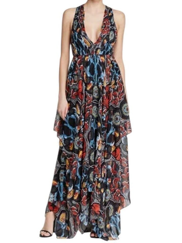 *Alice + Olivia Kora Floral Halter V-Neck Open Cross Back Handkerchief Midi Dress, Size 2