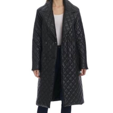 *Avec Les Filles Faux Leather Diamond Quilted Notch Collar Tie Waist Trench Coat, Size S