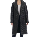 ^Avec Les Filles Faux Leather Diamond Quilted Notch Collar Tie Waist Trench Coat, Size S