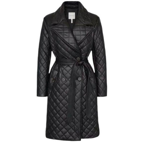 *Avec Les Filles Faux Leather Diamond Quilted Notch Collar Tie Waist Trench Coat, Size S