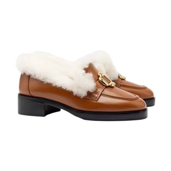 *Larroude Bobbie Leather Shearling Trim Gold Buckle Vamp 1.5" Block Heel Loafers, Size