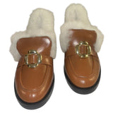 *Larroude Bobbie Leather Shearling Trim Gold Buckle Vamp 1.5" Block Heel Loafers, Size