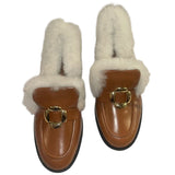 *Larroude Bobbie Leather Shearling Trim Gold Buckle Vamp 1.5" Block Heel Loafers, Size
