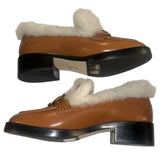 *Larroude Bobbie Leather Shearling Trim Gold Buckle Vamp 1.5" Block Heel Loafers, Size