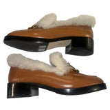 *Larroude Bobbie Leather Shearling Trim Gold Buckle Vamp 1.5" Block Heel Loafers, Size
