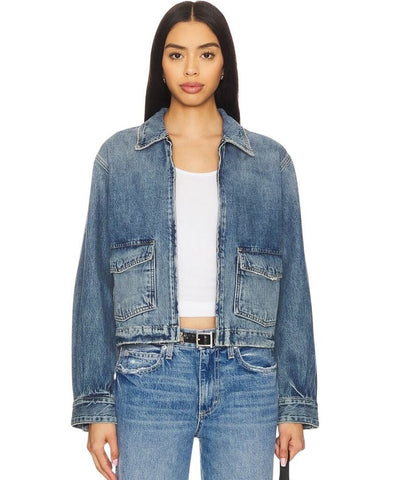 *AMO Sally Cotton Denim Zip Front Patch Pocket Bomber Jacket, Size XS