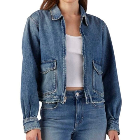 *AMO Sally Cotton Denim Zip Front Patch Pocket Bomber Jacket, Size XS
